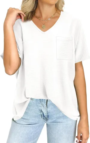ANRABESS Women's Oversized T Shirts Summer Tops Short Sleeve V Neck Casual Loose Fit Textured Blouses 2025 Trendy Tee Shirt
