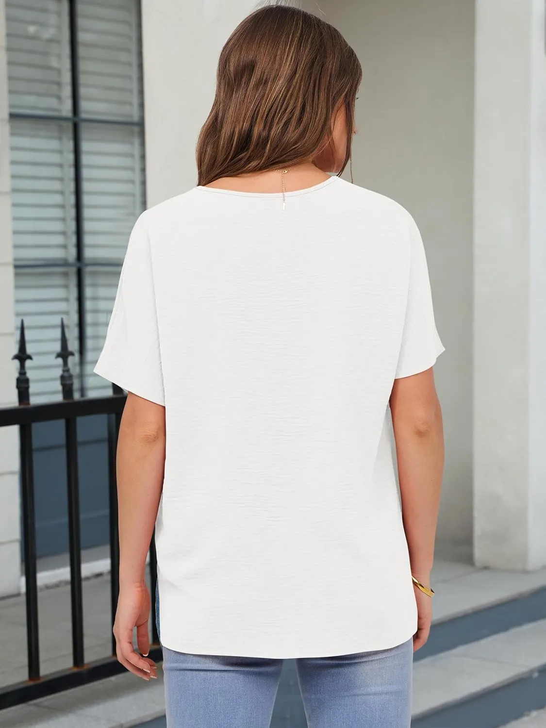 ANRABESS Women's Oversized T Shirts Summer Tops Short Sleeve V Neck Casual Loose Fit Textured Blouses 2025 Trendy Tee Shirt