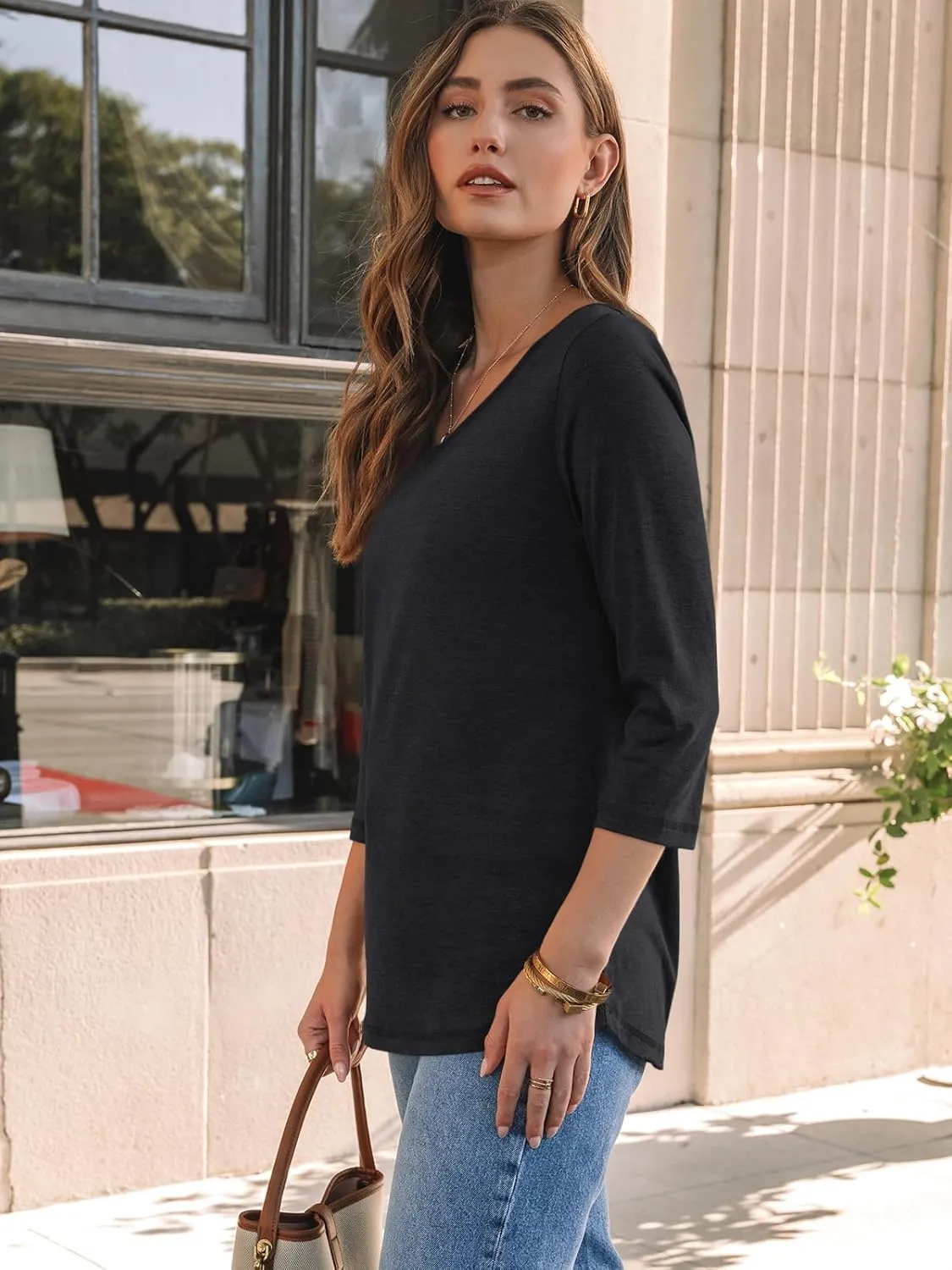 AUTOMET Womens 3/4 Length Sleeve Tops 2025 Summer V Neck Tee Shirts Dressy Casual Work Tunic Blouses Spring Clothes