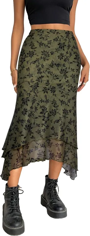Avanova Women Floral Mesh Asymmetrical Mermaid Midi Skirt High Waist Fishtail Long Skirt Green Flower X-Large