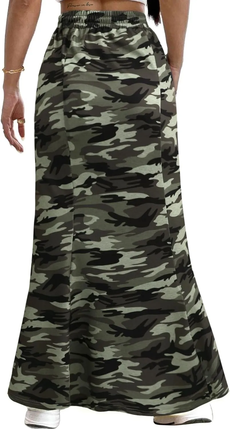 Avanova Women High Waisted Mermaid Skirt Drawstring Pocket Maxi Long Skirt