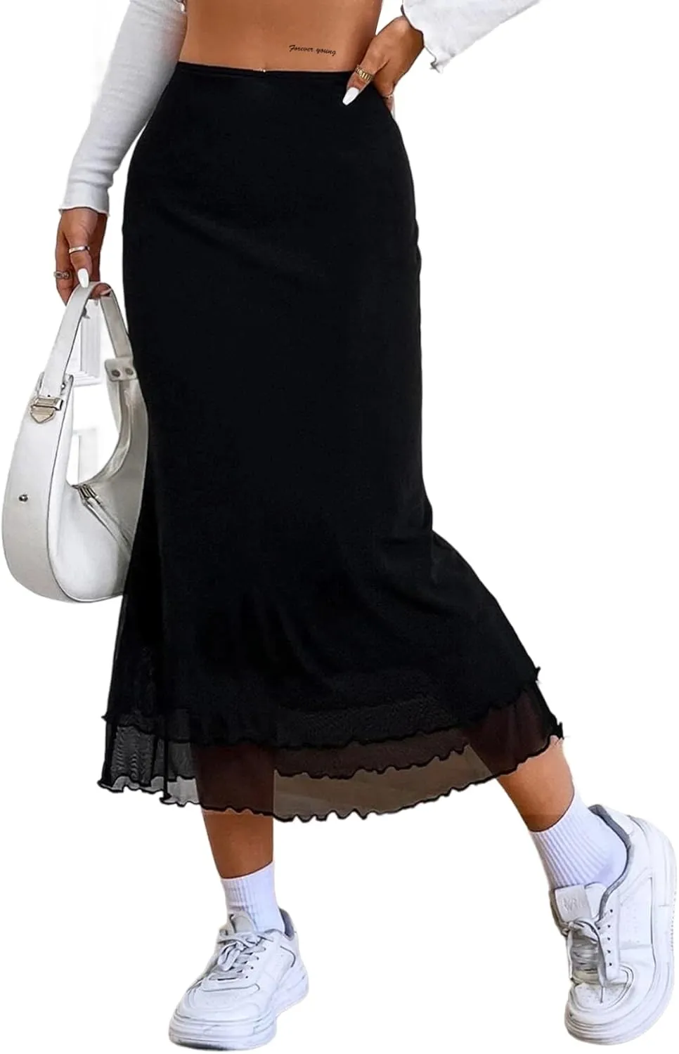 Avanova Women Mesh High Waist Midi Skirt Fishtail Bodycon Long Skirt