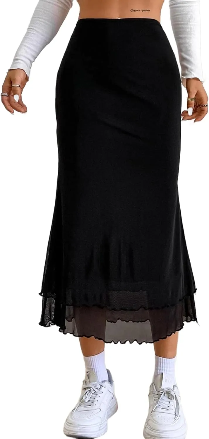 Avanova Women Mesh High Waist Midi Skirt Fishtail Bodycon Long Skirt