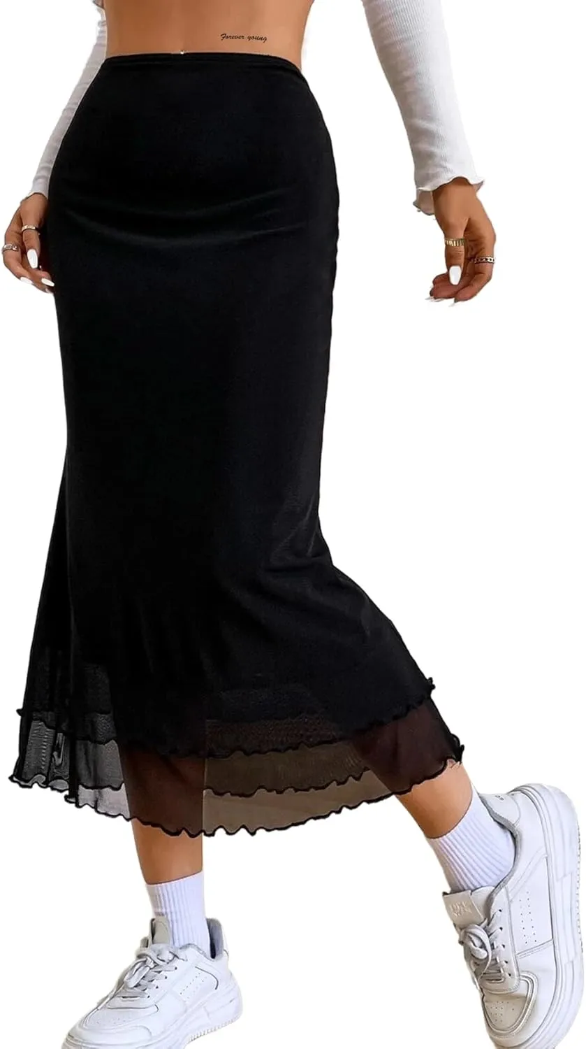 Avanova Women Mesh High Waist Midi Skirt Fishtail Bodycon Long Skirt