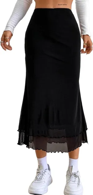 Avanova Women Mesh High Waist Midi Skirt Fishtail Bodycon Long Skirt