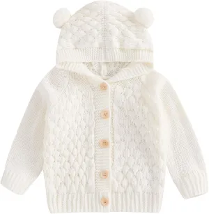 Baby Girl Boy Button Down Hooded Cardigan Winter Warm Sweater Long Sleeve Jumpers Coats Knitted Hoodies Clothes
