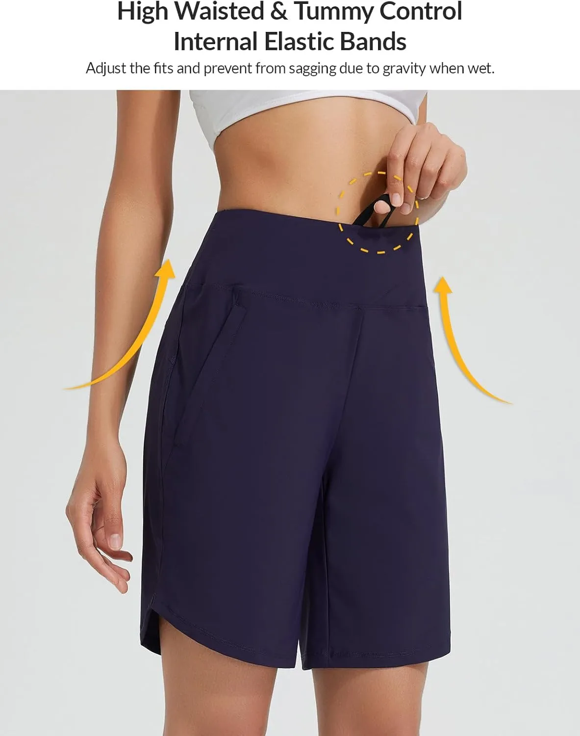 baleaf Women's 9" Long Swim Board Shorts with Zipper Pockets High Waisted Tummy Control Beach Shorts with Liner