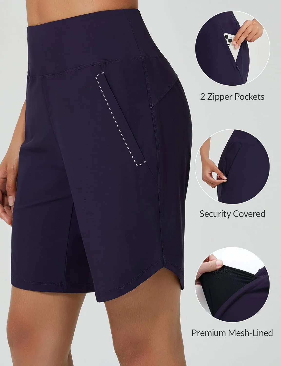 baleaf Women's 9" Long Swim Board Shorts with Zipper Pockets High Waisted Tummy Control Beach Shorts with Liner