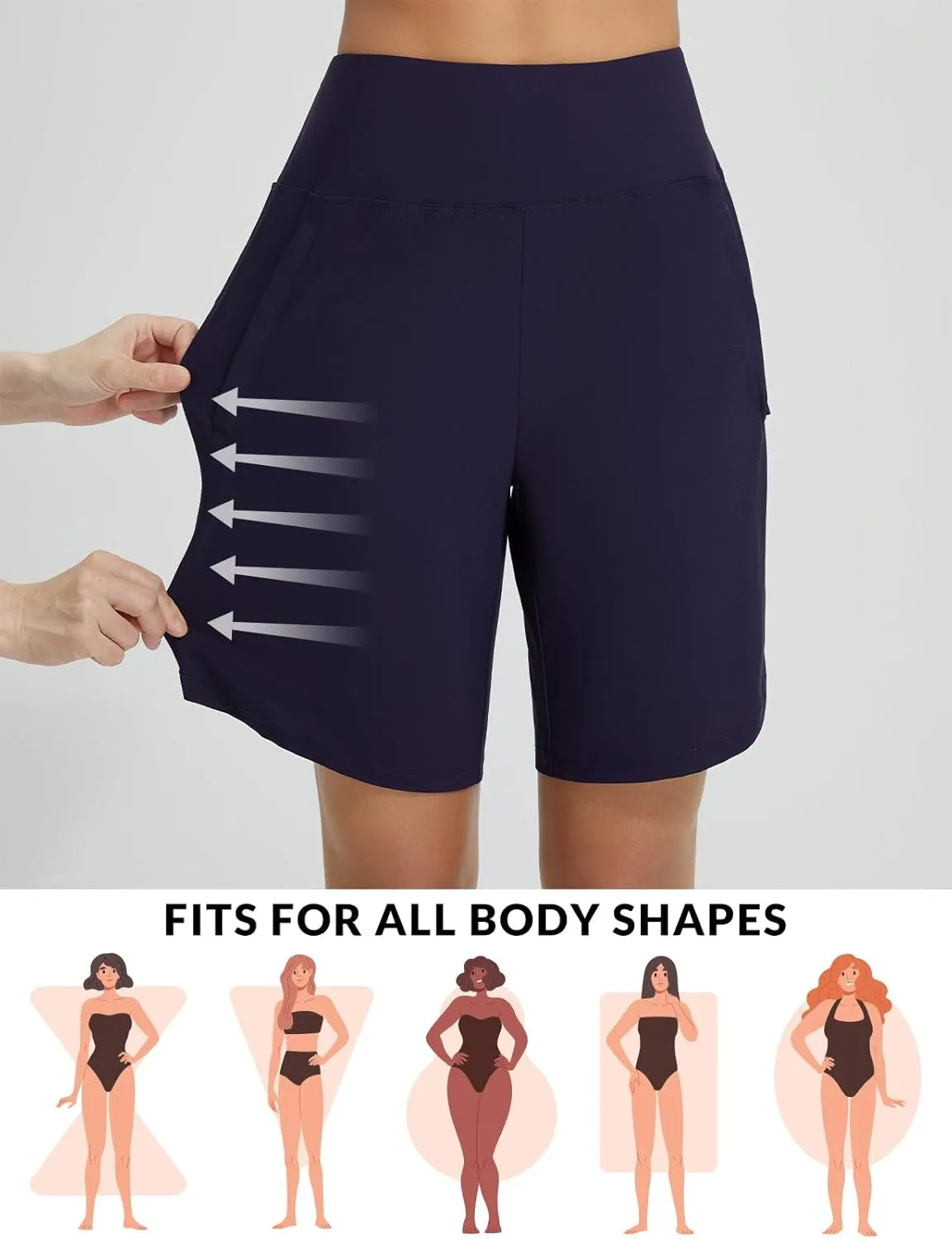 baleaf Women's 9" Long Swim Board Shorts with Zipper Pockets High Waisted Tummy Control Beach Shorts with Liner
