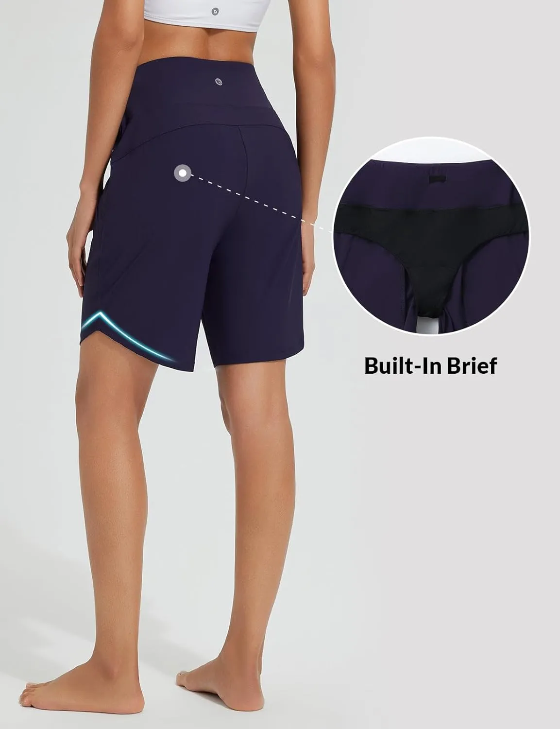 baleaf Women's 9" Long Swim Board Shorts with Zipper Pockets High Waisted Tummy Control Beach Shorts with Liner
