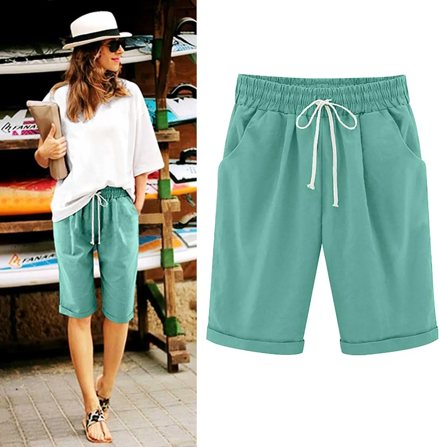 Bermuda Shorts for Women 2025 Casual Summer Beach Drawstring Shorts with Pocket Knee Length Loose Cute Vacation Short