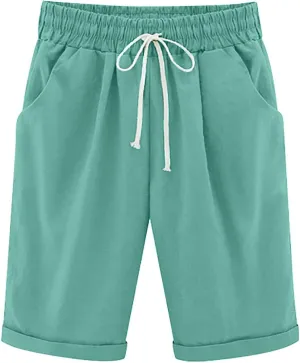 Bermuda Shorts for Women 2025 Casual Summer Beach Drawstring Shorts with Pocket Knee Length Loose Cute Vacation Short