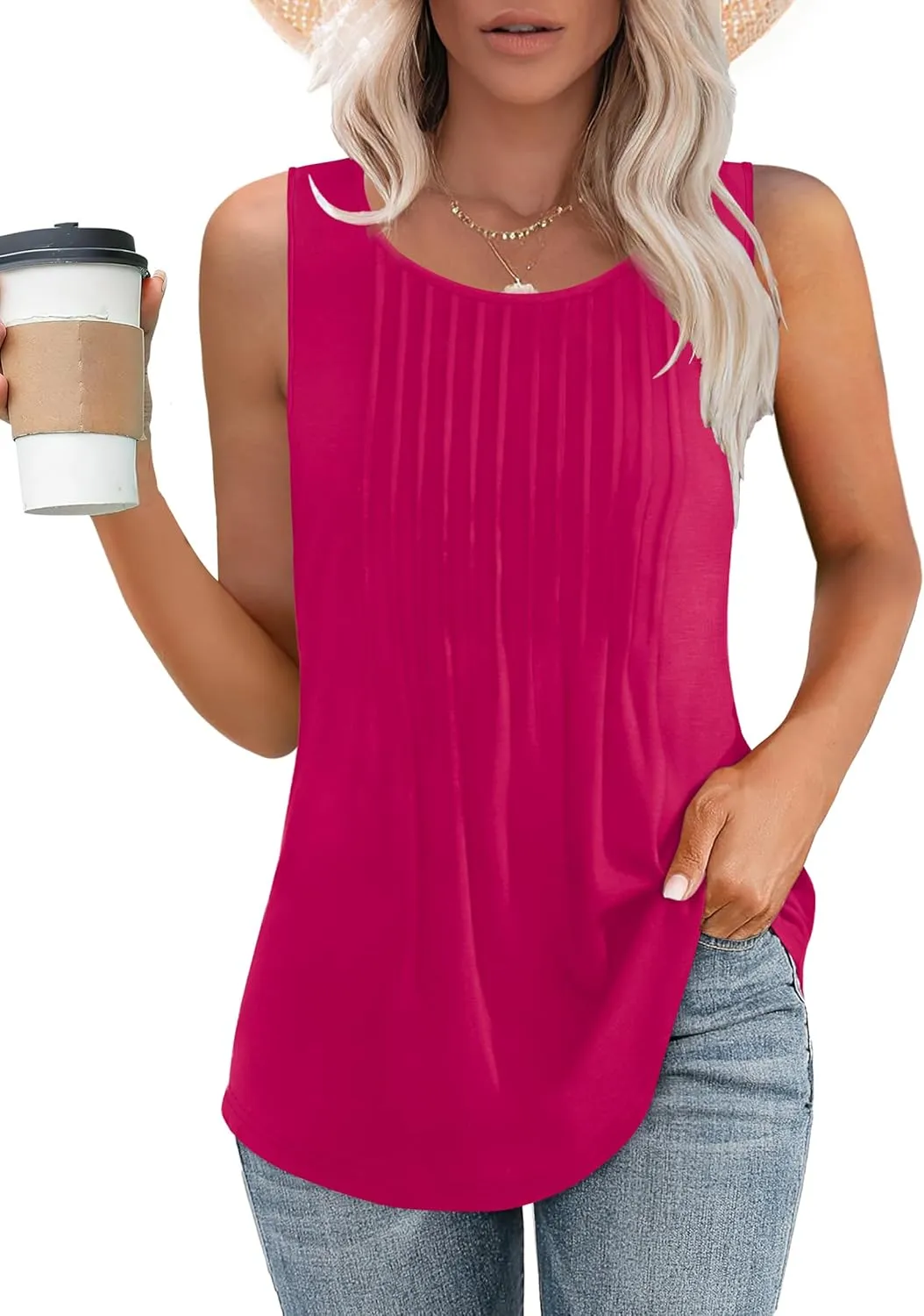 Besshopie Womens Summer Tank Tops Pleated Round Neck Sleeveless Tops for Women Casual Flowy