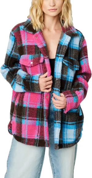 [BLANKNYC] Womens Plaid Faux Sherpa Shirt Jacket With Pockets