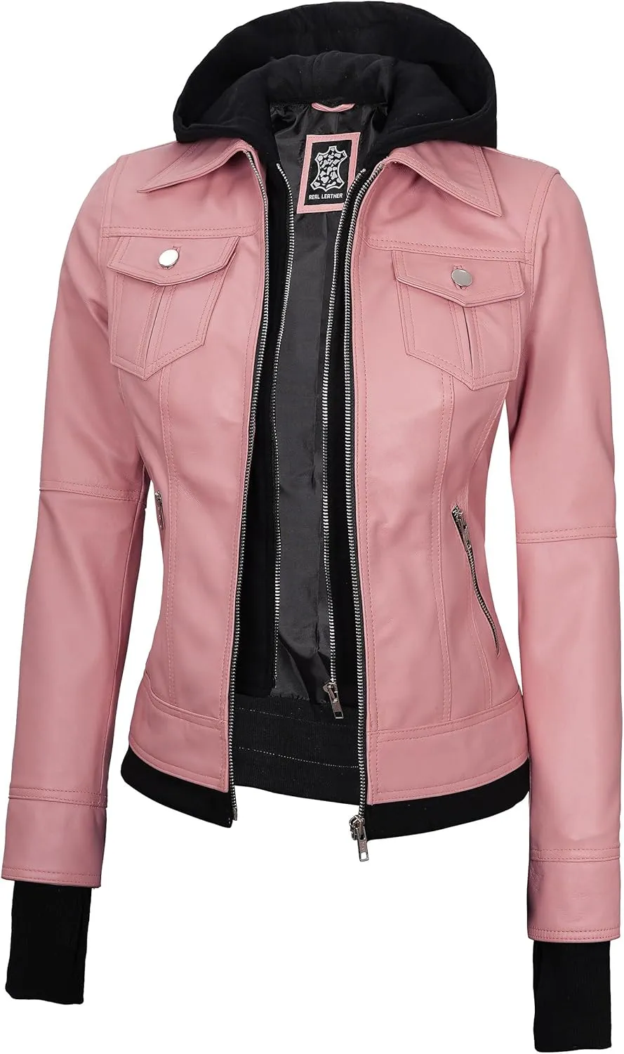 Blingsoul Disc Leather Bomber Jacket Women - Real Lambskin Womens Leather Jackets with Removable Hood