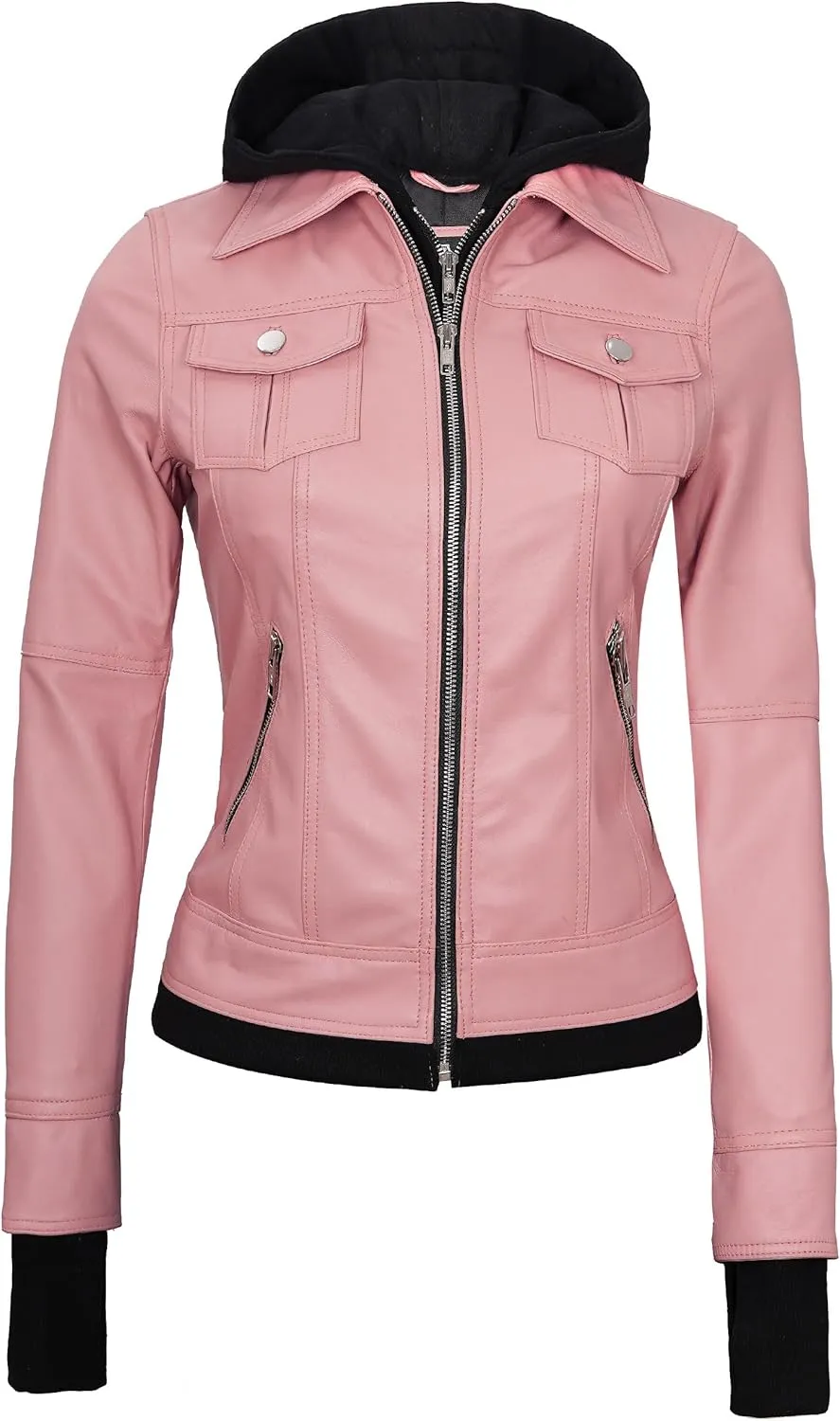 Blingsoul Disc Leather Bomber Jacket Women - Real Lambskin Womens Leather Jackets with Removable Hood