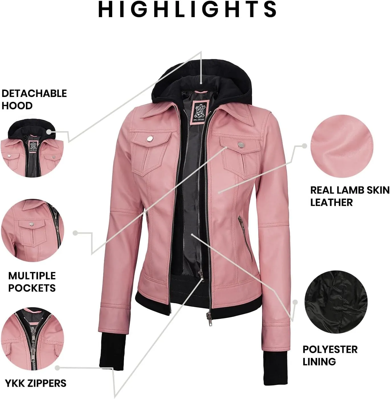 Blingsoul Disc Leather Bomber Jacket Women - Real Lambskin Womens Leather Jackets with Removable Hood