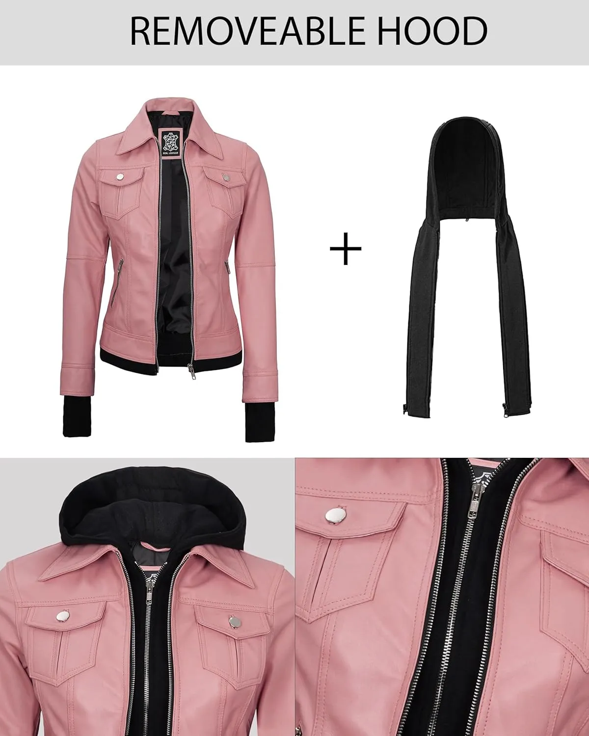 Blingsoul Disc Leather Bomber Jacket Women - Real Lambskin Womens Leather Jackets with Removable Hood
