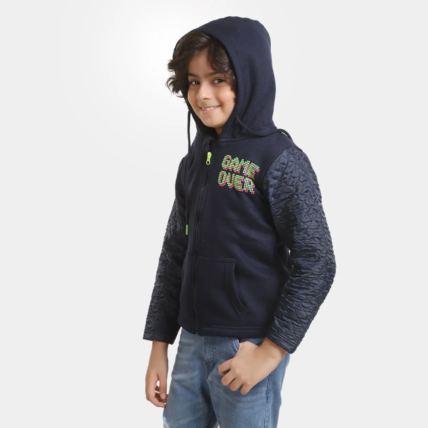 Boys Knitted Jacket Puffer Sleeves-Navy Blue