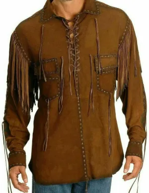 Brown Western Genuine Suede Leather Shirts Men Native American Tassels Fringe Cowboy Jacket Pull up for Sale