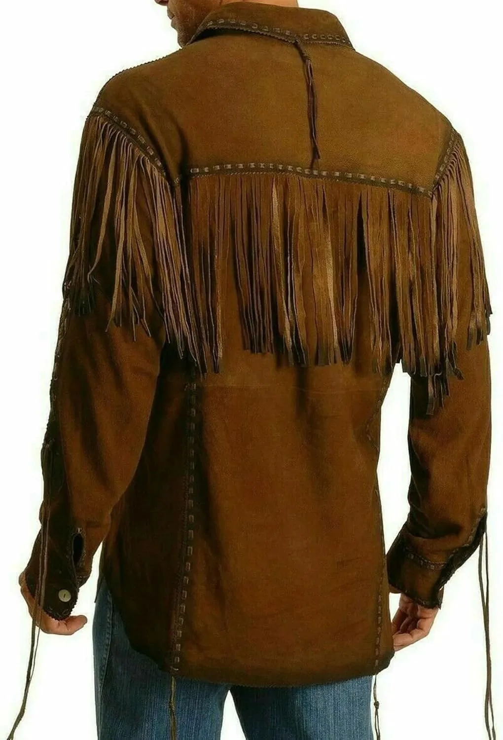 Brown Western Genuine Suede Leather Shirts Men Native American Tassels Fringe Cowboy Jacket Pull up for Sale