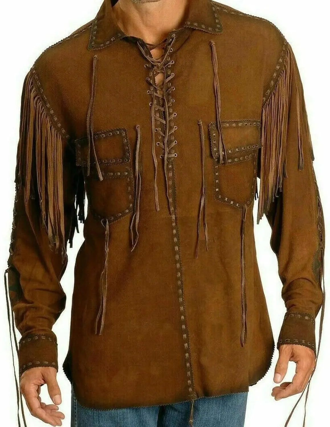 Brown Western Genuine Suede Leather Shirts Men Native American Tassels Fringe Cowboy Jacket Pull up for Sale