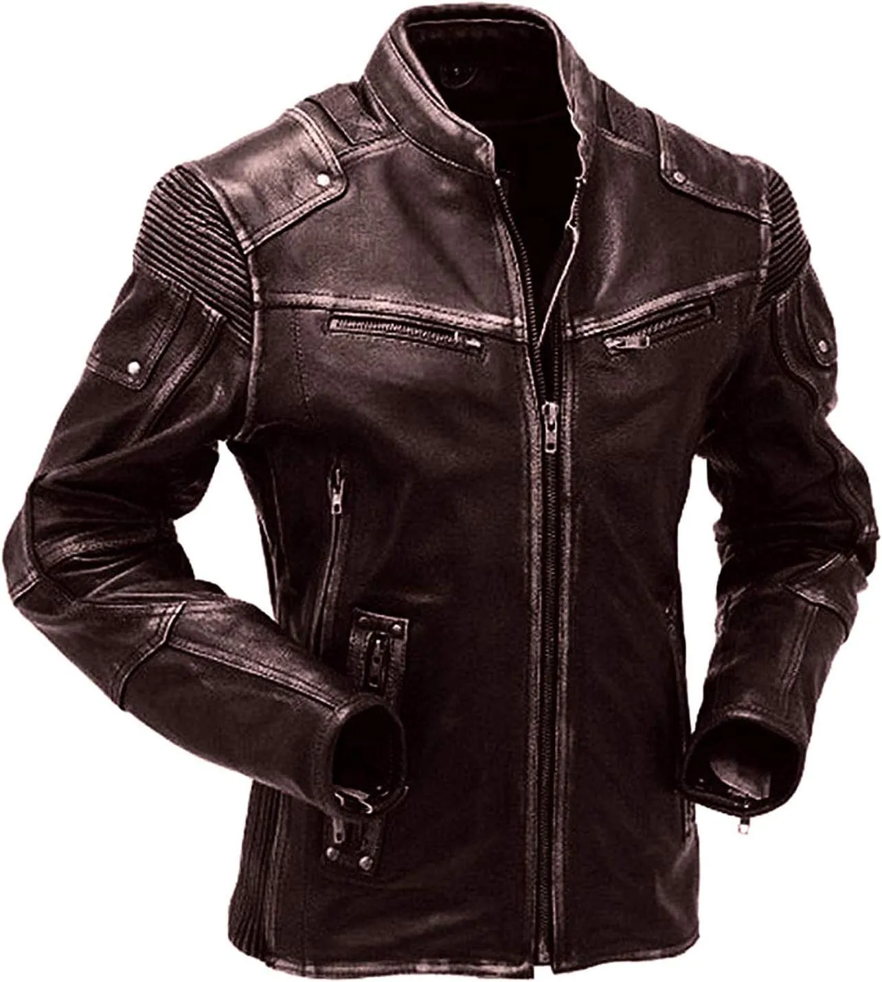 Cafe Racer Brown Leather Jacket Men - Brown Real Lambskin Leather Biker Jacket