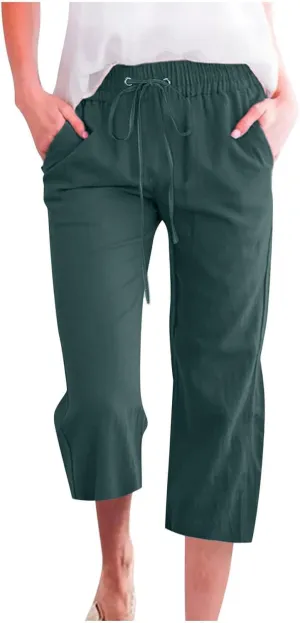 Capris Pants for Women Cotton Linen Casual Summer Straight Wide Leg Loose Drawstring Elastic Waist Cropped Trouser