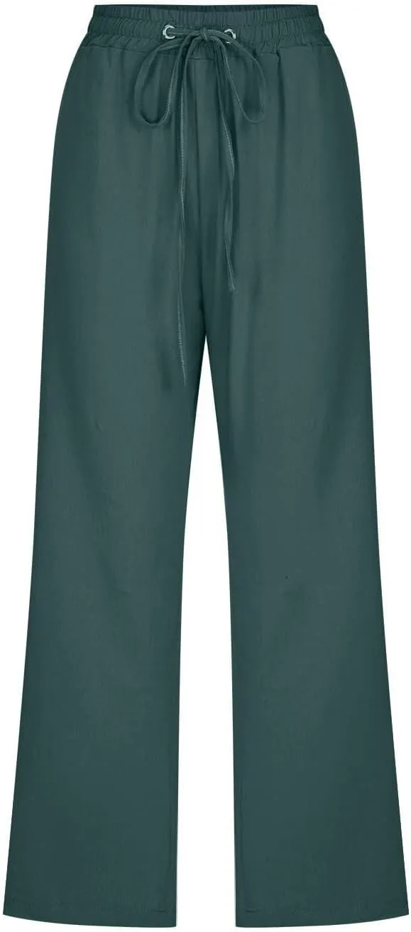Capris Pants for Women Cotton Linen Casual Summer Straight Wide Leg Loose Drawstring Elastic Waist Cropped Trouser