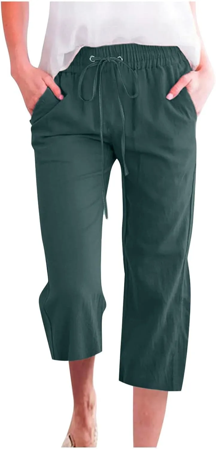 Capris Pants for Women Cotton Linen Casual Summer Straight Wide Leg Loose Drawstring Elastic Waist Cropped Trouser