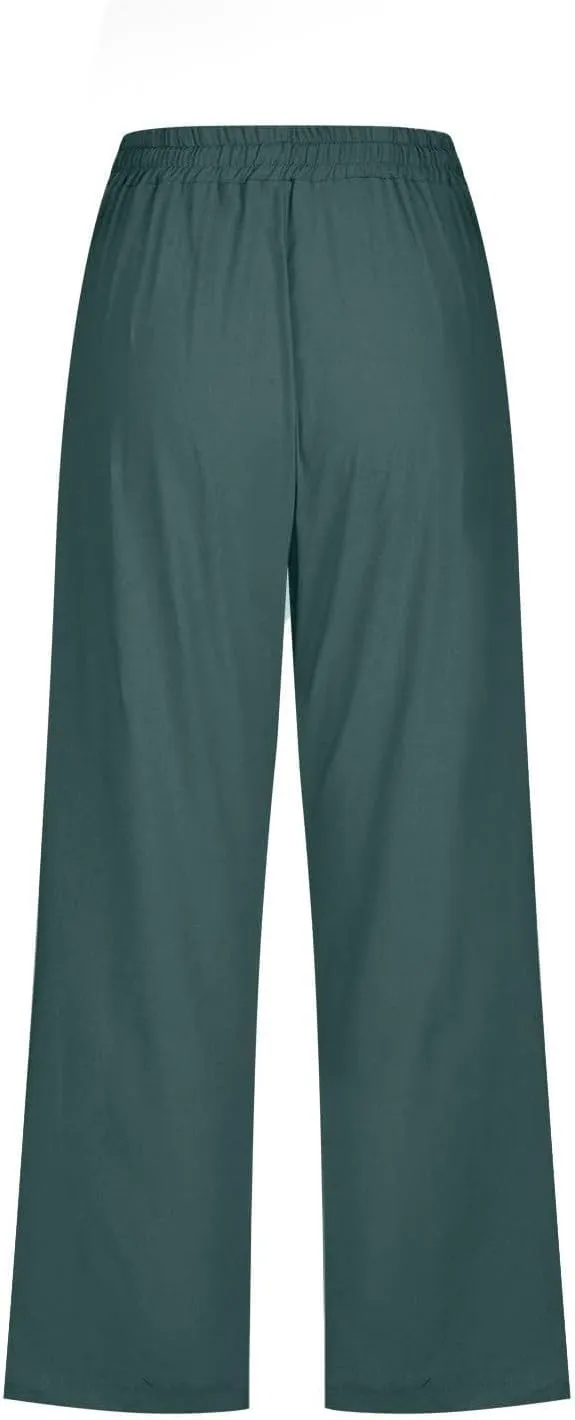 Capris Pants for Women Cotton Linen Casual Summer Straight Wide Leg Loose Drawstring Elastic Waist Cropped Trouser