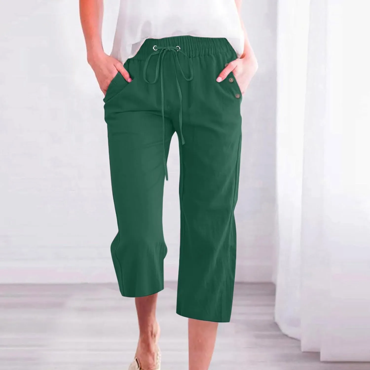 Capris Pants for Women Cotton Linen Casual Summer Wide/Straight Leg Loose Drawstring Elastic Waist Cropped Trousers