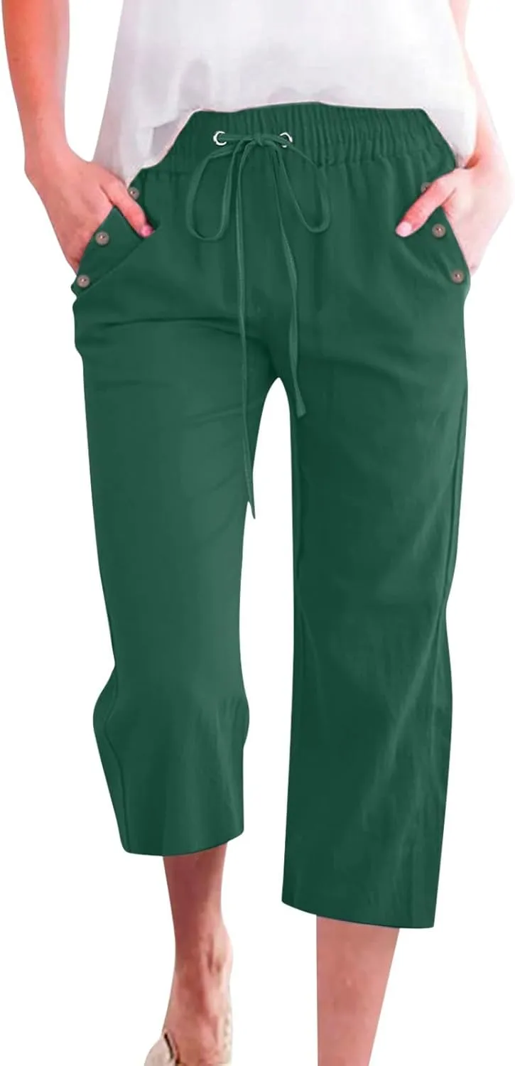 Capris Pants for Women Cotton Linen Casual Summer Wide/Straight Leg Loose Drawstring Elastic Waist Cropped Trousers