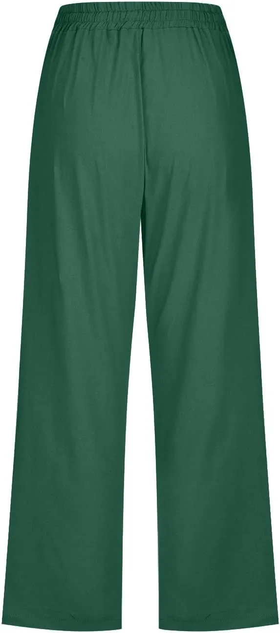 Capris Pants for Women Cotton Linen Casual Summer Wide/Straight Leg Loose Drawstring Elastic Waist Cropped Trousers