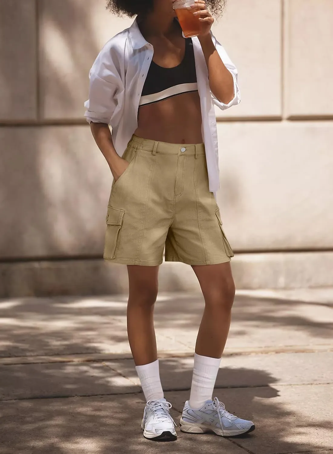 Cargo Shorts Women Bermuda Knee Length Long Hiking Shorts with Pockets Elastic Waist for Summer Casual Trendy Outfits