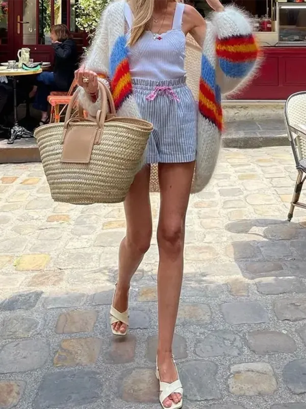 Chunky Contrast Striped Wool Cardigan Sweater