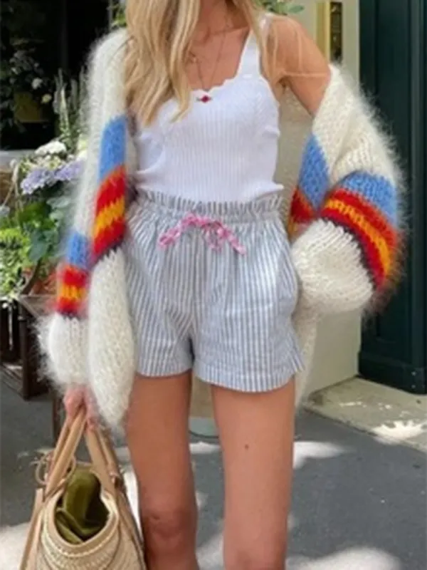 Chunky Contrast Striped Wool Cardigan Sweater