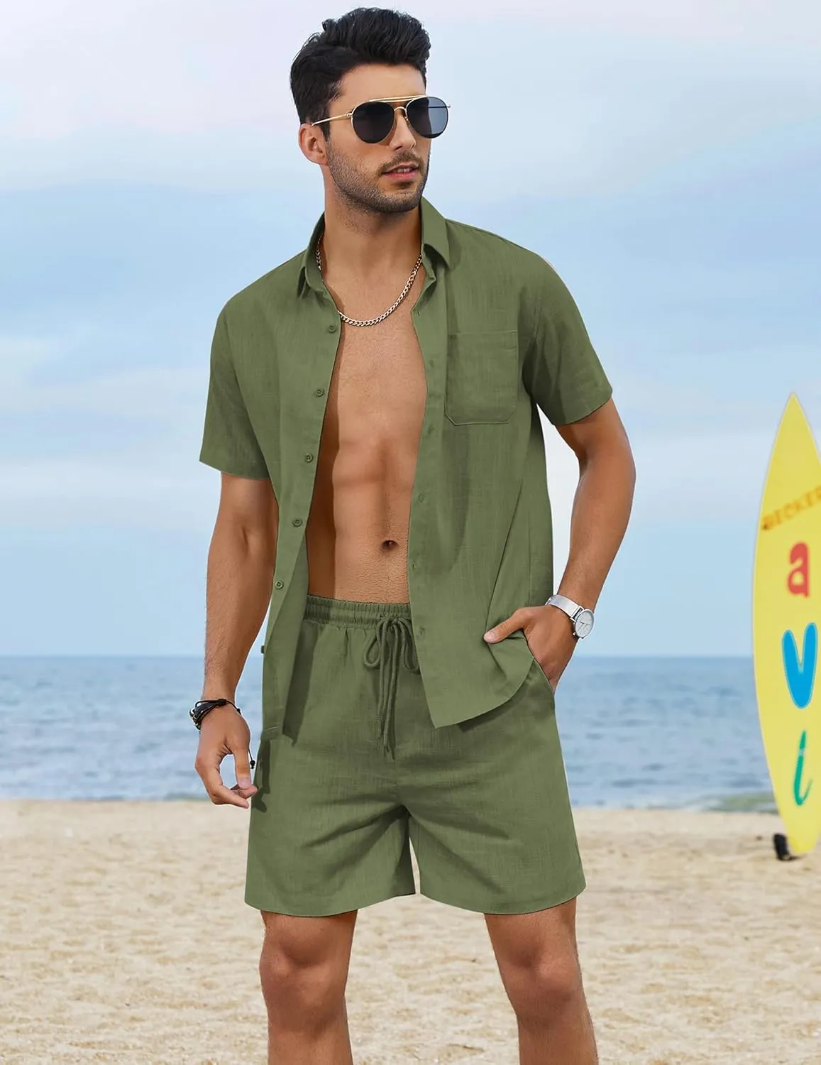 COOFANDY Men 2 Piece Linen Set Casual Short Sleeve Shirt and Short Beach Set