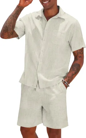 COOFANDY Men 2 Piece Linen Set Casual Short Sleeve Shirt and Short Beach Set
