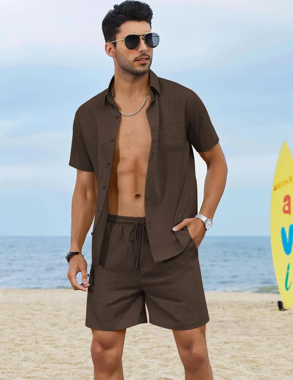 COOFANDY Men 2 Piece Linen Set Casual Short Sleeve Shirt and Short Beach Set