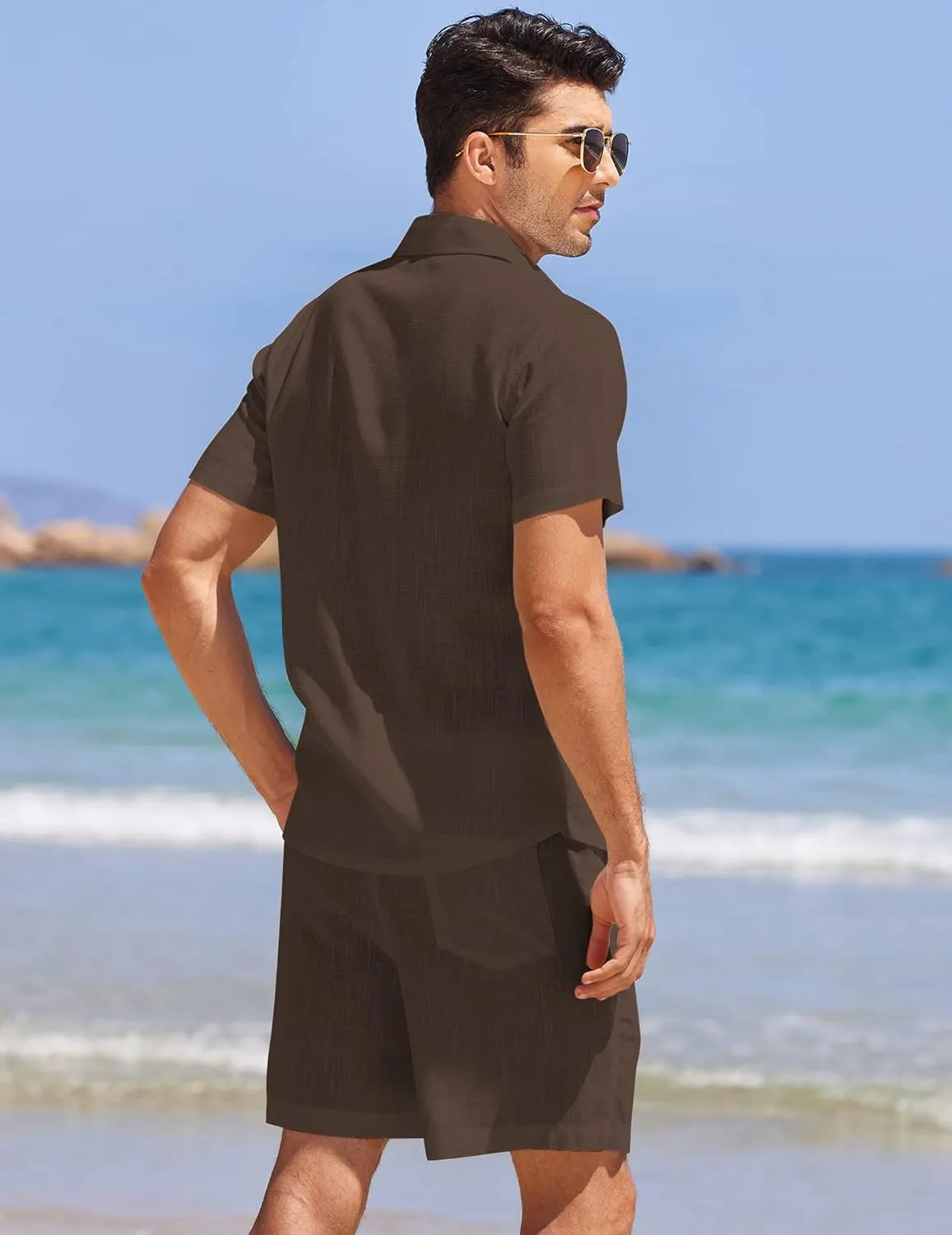 COOFANDY Men 2 Piece Linen Set Casual Short Sleeve Shirt and Short Beach Set