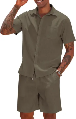 COOFANDY Men 2 Piece Linen Set Casual Short Sleeve Shirt and Short Beach Set
