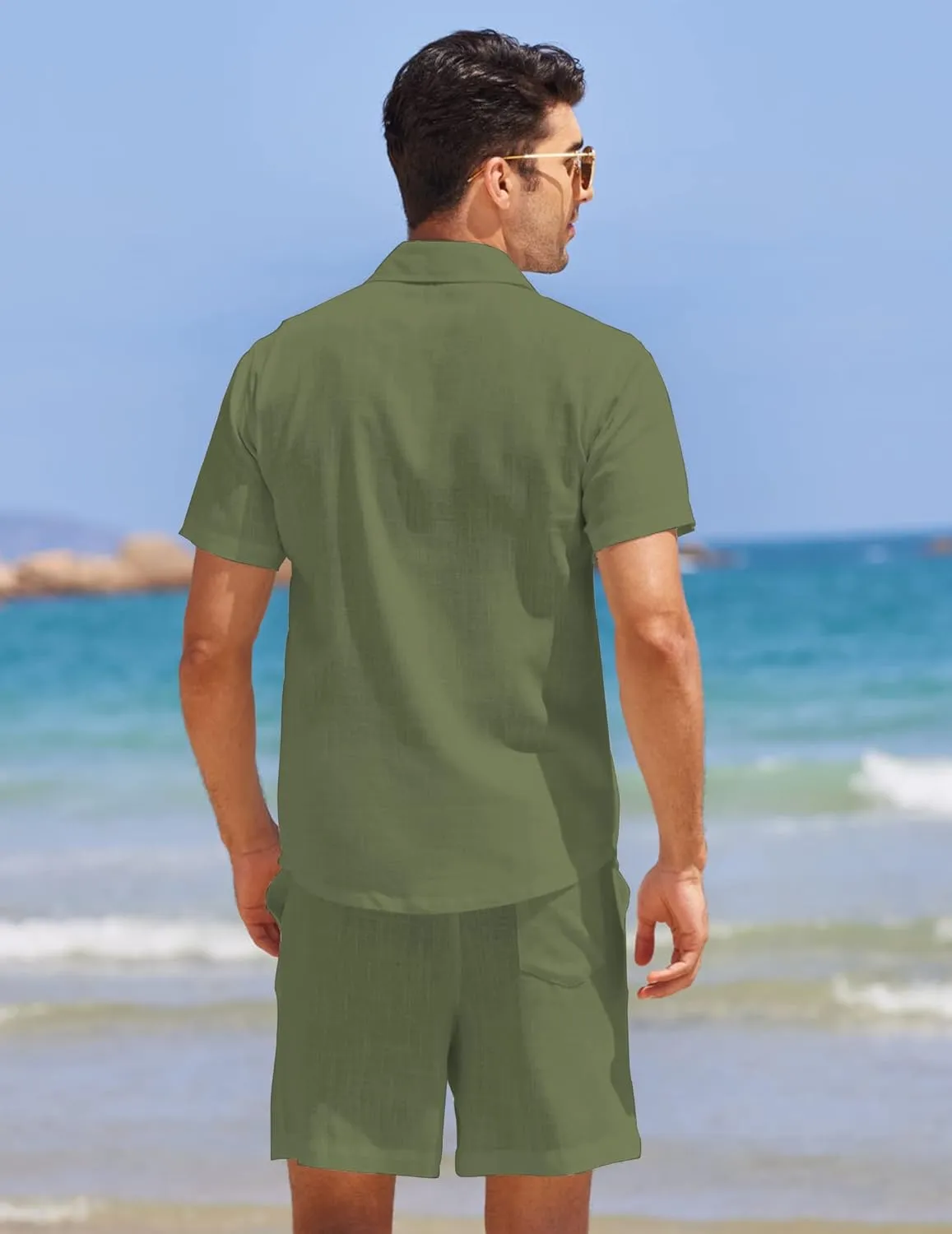 COOFANDY Men 2 Piece Linen Set Casual Short Sleeve Shirt and Short Beach Set