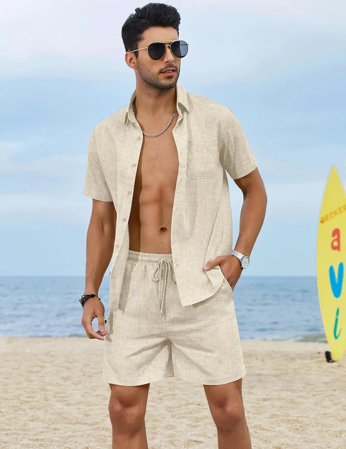 COOFANDY Men 2 Piece Linen Set Casual Short Sleeve Shirt and Short Beach Set