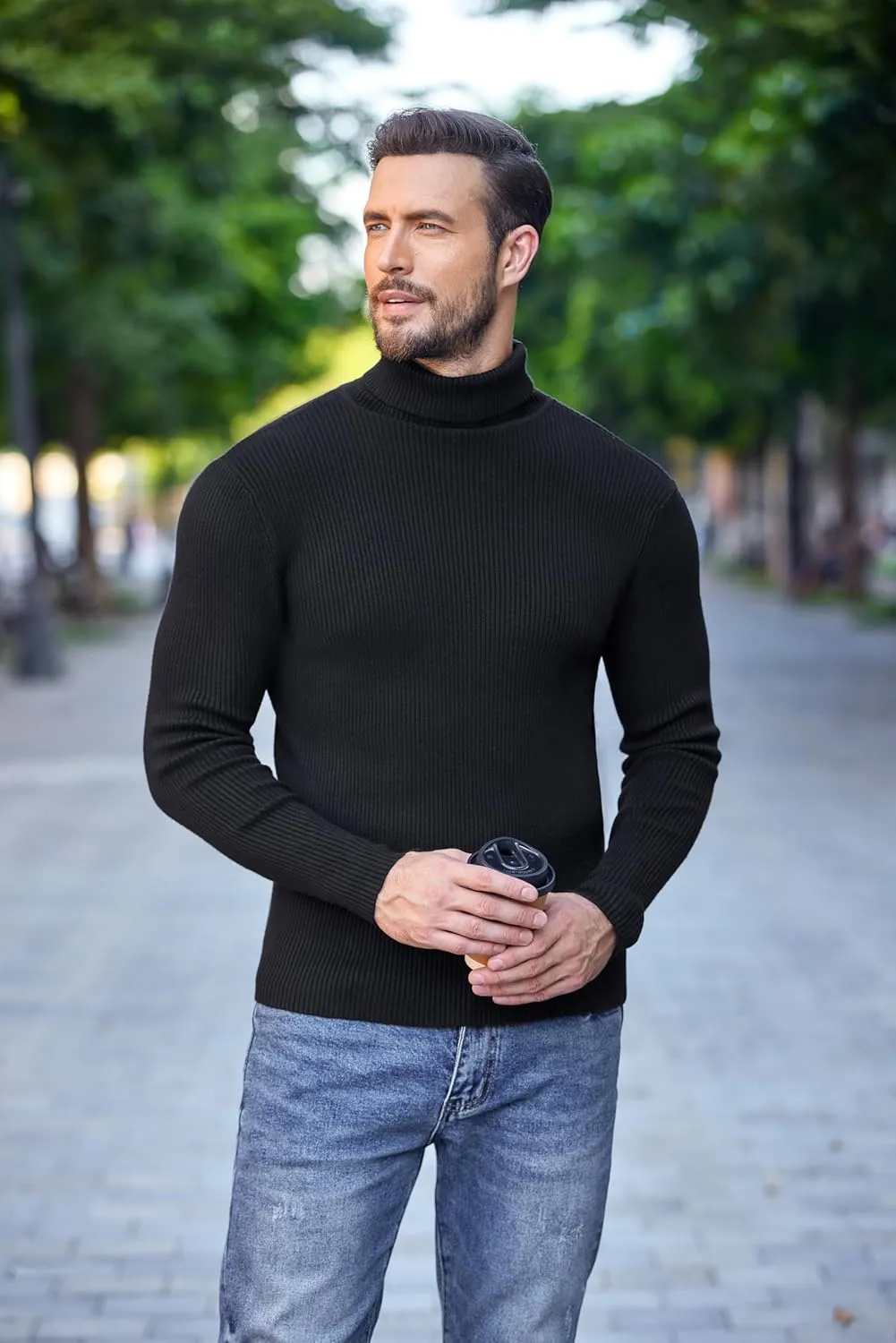 COOFANDY Mens Ribbed Slim Fit Knitted Pullover Casual Turtleneck Sweater