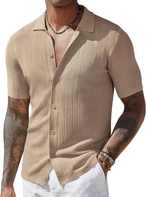 COOFANDY Men's Short Sleeve Knit Shirts Casual Button Down Polo Shirt Fashion Summer Beach Tops