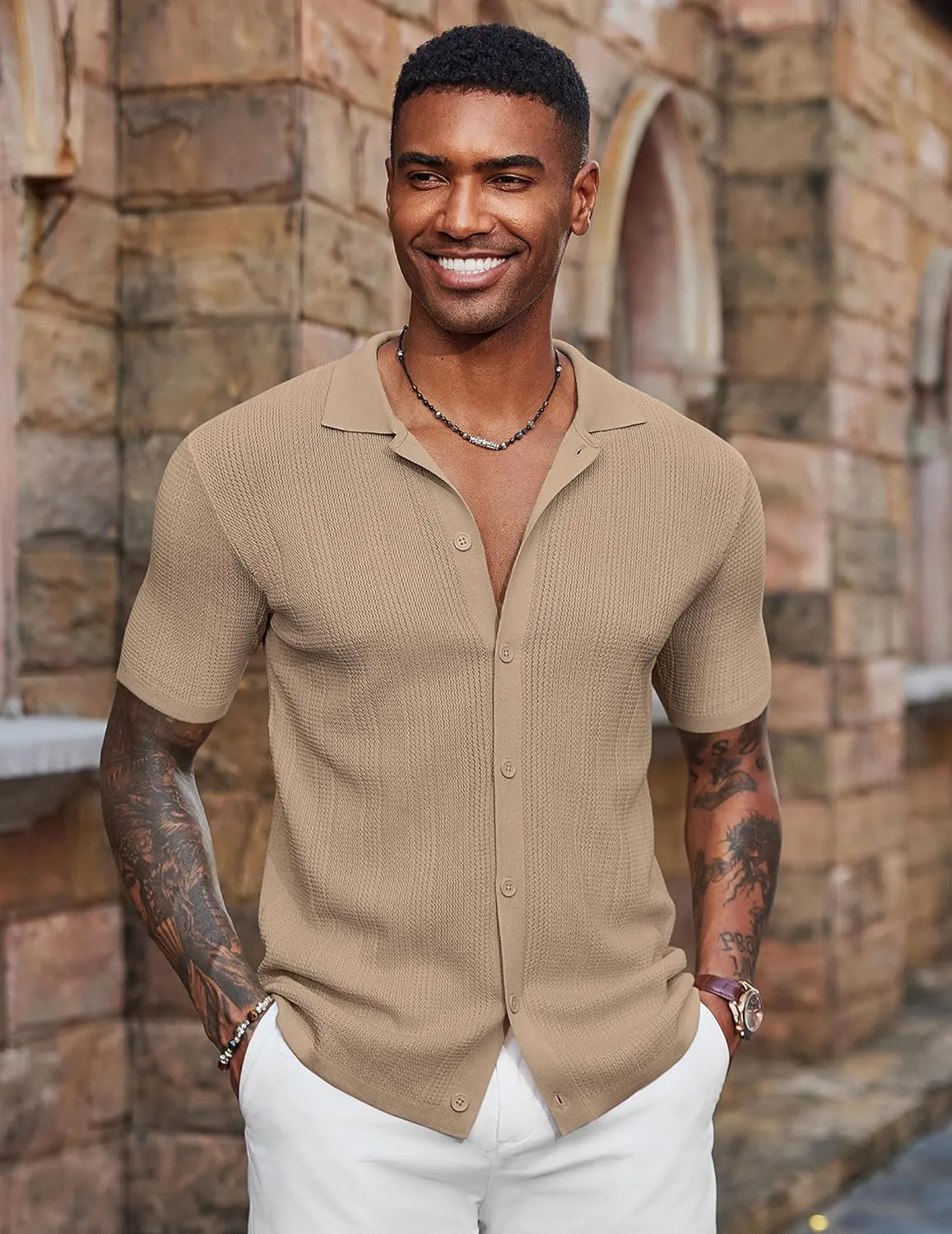 COOFANDY Men's Short Sleeve Knit Shirts Casual Button Down Polo Shirt Fashion Summer Beach Tops