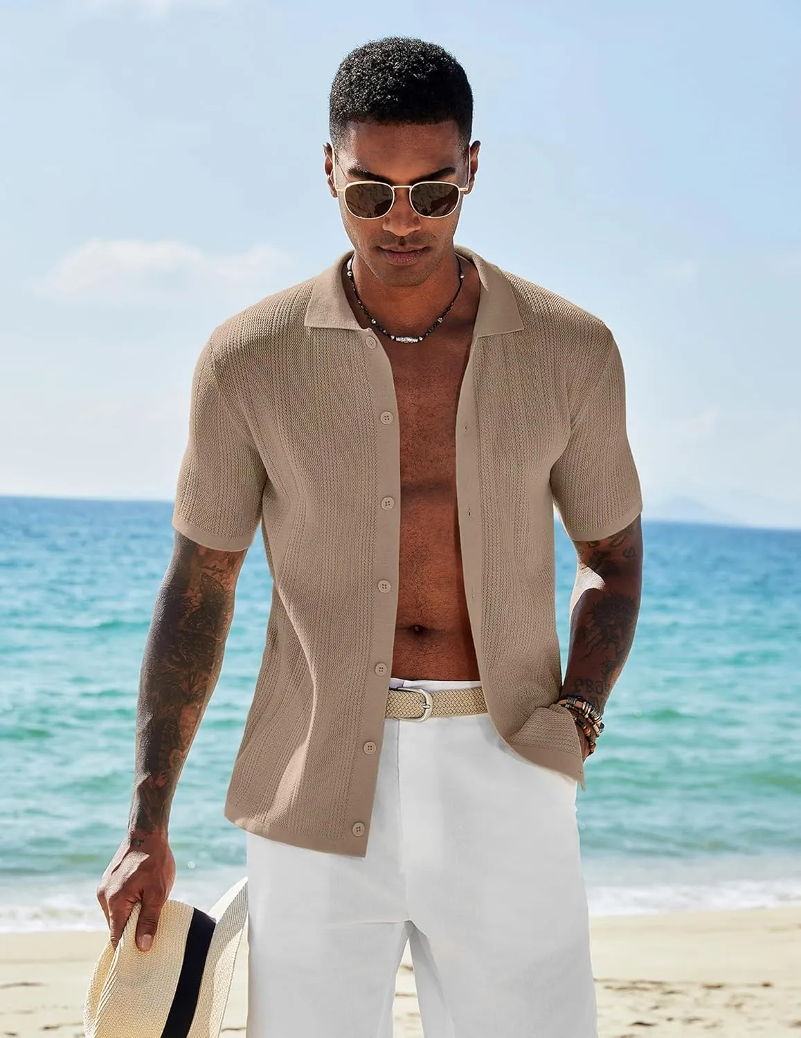 COOFANDY Men's Short Sleeve Knit Shirts Casual Button Down Polo Shirt Fashion Summer Beach Tops