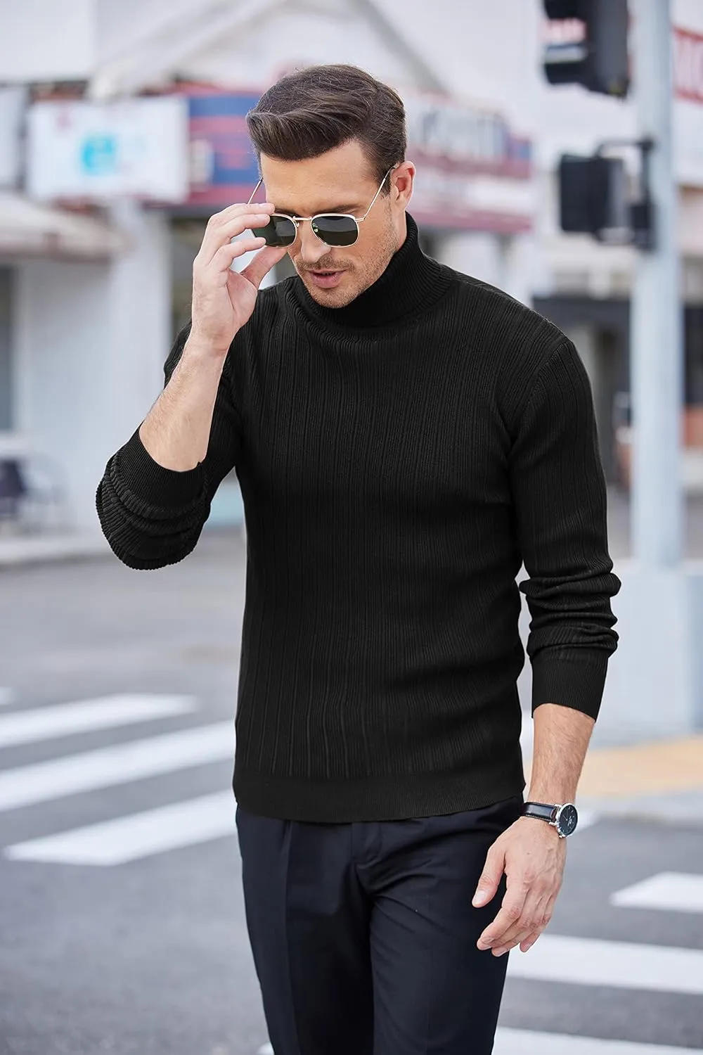 COOFANDY Men's Slim Fit Turtleneck Sweater Ribbed Knitted High Neck Pullover Sweaters
