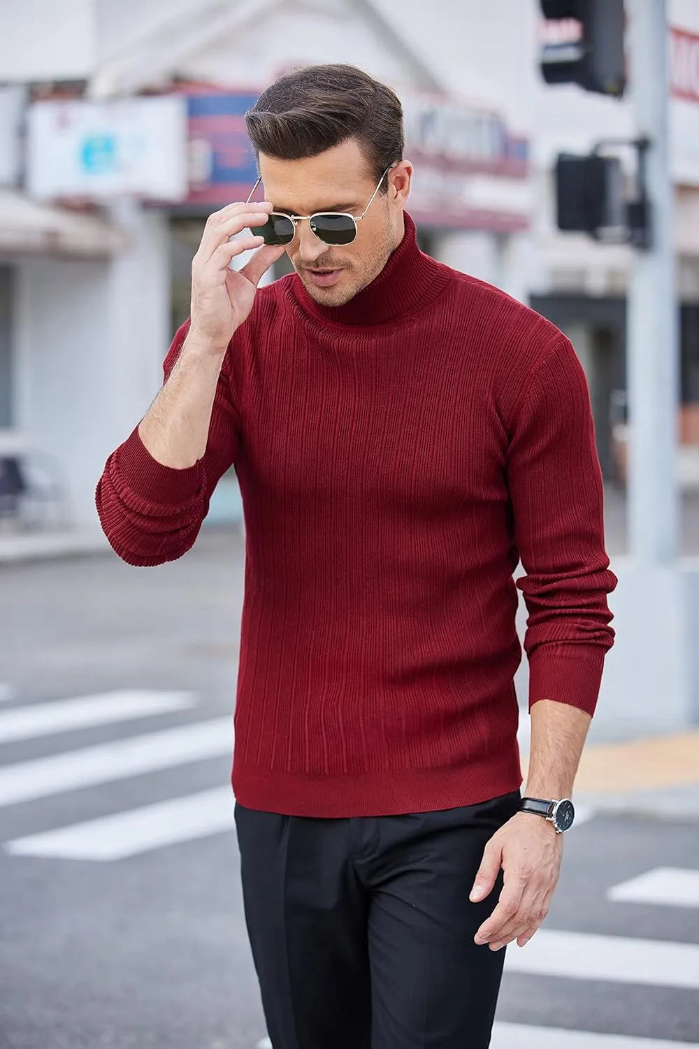 COOFANDY Men's Slim Fit Turtleneck Sweater Ribbed Knitted High Neck Pullover Sweaters